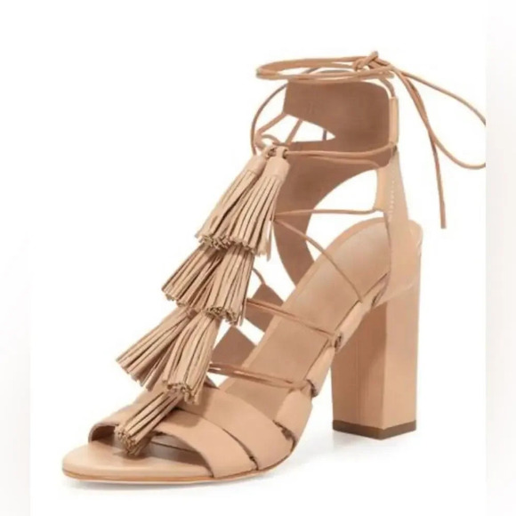 Loeffler Randall Tasseled Lace Up Leather Sandals Wheat Tan Size 8 - Picture 1 of 11